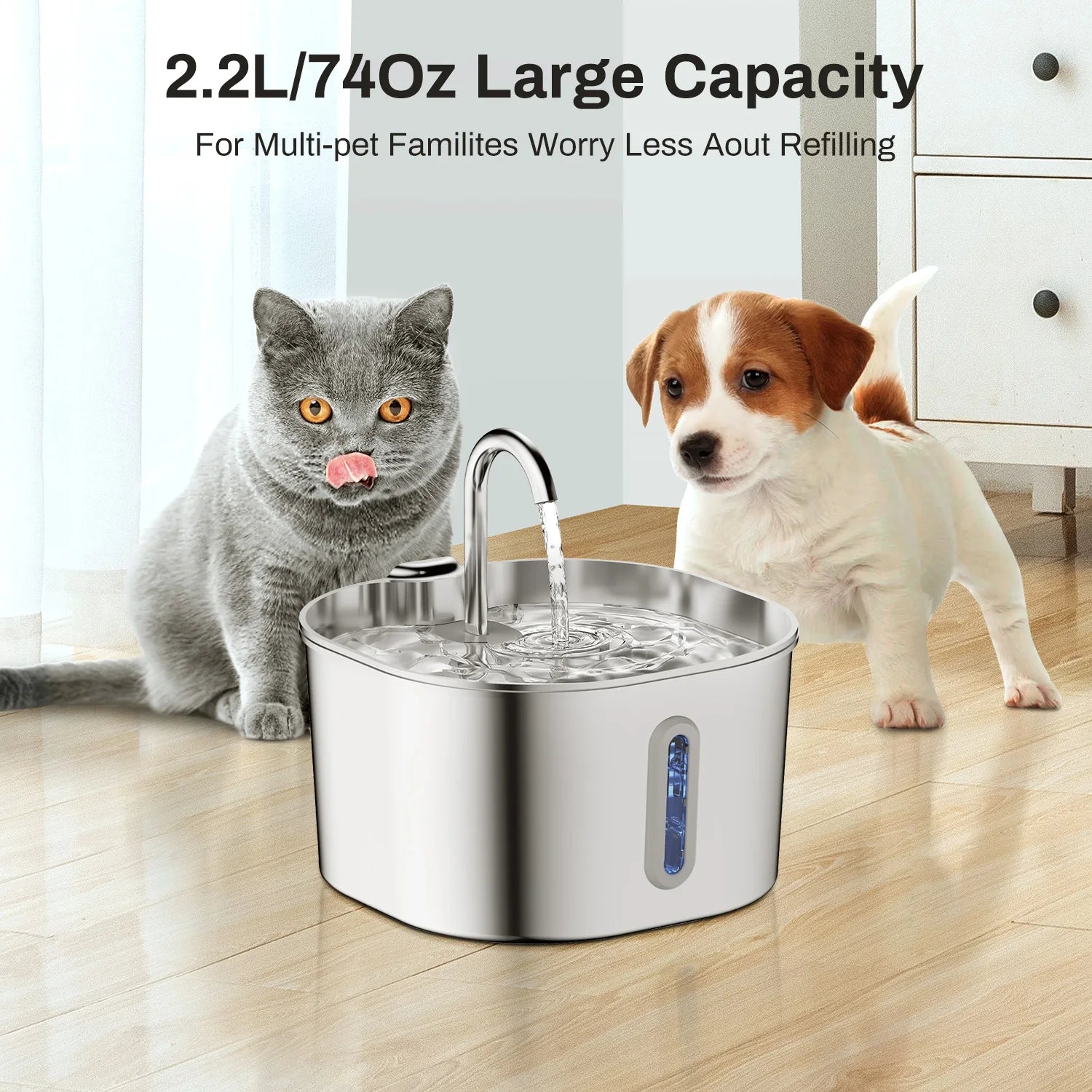 Stainless Steel Pet Water Fountain - 2.2L Automatic Water Dispenser For Cats & Dogs