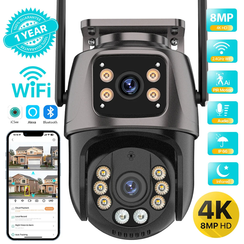 4K PTZ WiFi Security Camera – Dual Lens, AI Auto Tracking, Night Vision, Outdoor Waterproof | iCSee